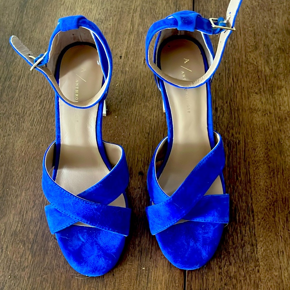 A/ Anthropologie Blue Suede heeled Sandals with Colorful Heel 9M NWT